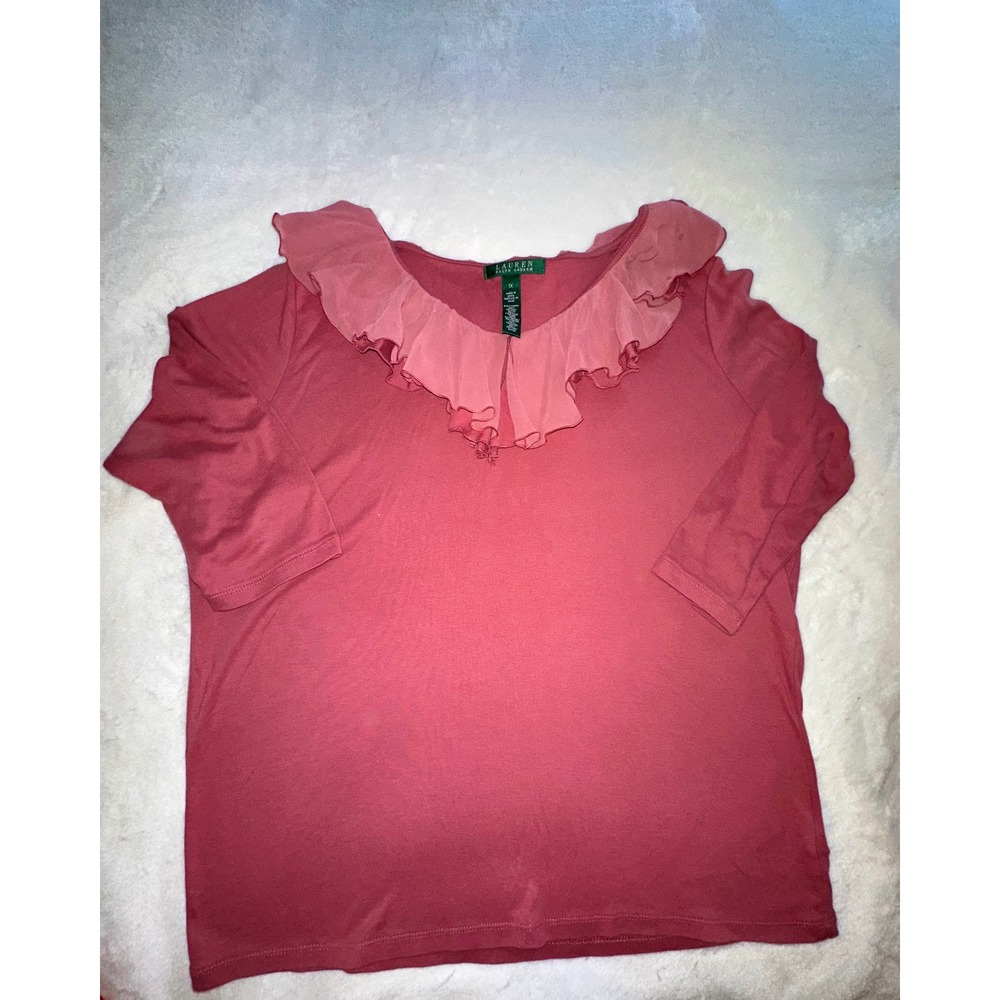 Lauren Ralph Lauren Knit Top‎ Ruffle Neck 3/4 Sleeve Blouse Plus Size 1X